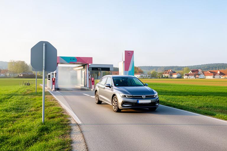 Pendlerfahrzeug auf der Zufahrt nahe Rothenburg ob der Tauber mit Wegweiser zur Fahrzeugwäsche