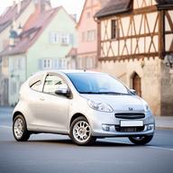 Glänzender Kleinwagen auf dem Weg zur Arbeit nahe dem Altstadtring von Rothenburg