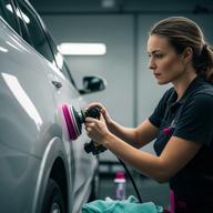 Detailing-Spezialistin Lena bei der Lackpflege eines Fahrzeugs