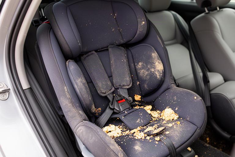 Verschmutzter Kindersitz mit Essensresten und Flecken im Fahrzeug