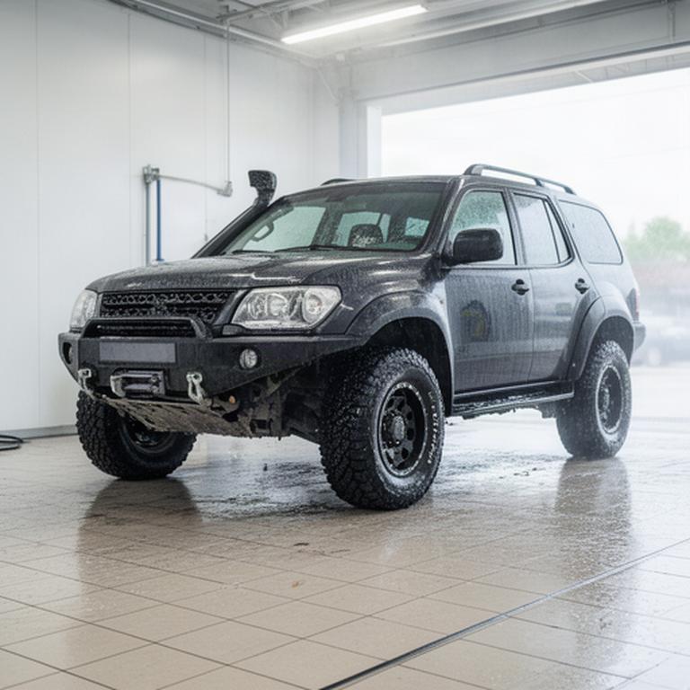 Sauberer Geländewagen nach Unterbodenwäsche in einer hellen Waschbucht