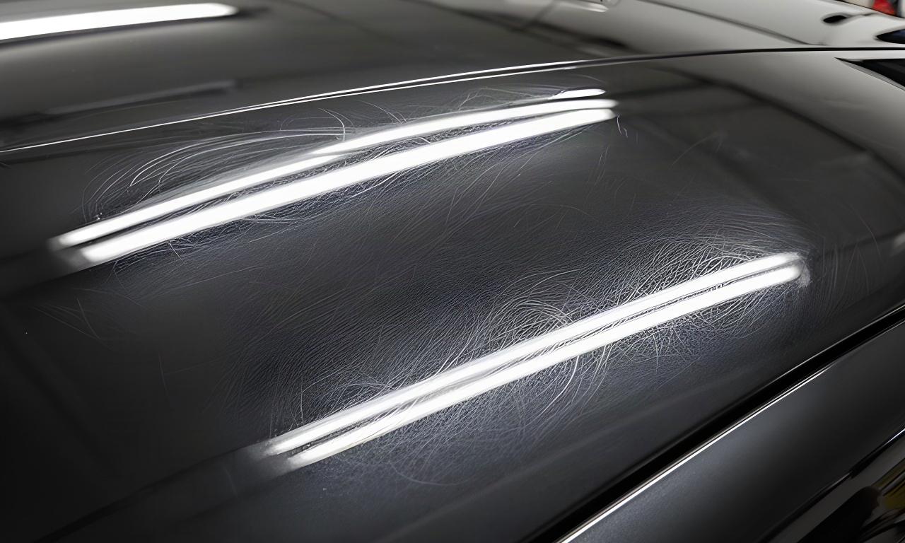 Dunkler Fahrzeuglack vor der Politur mit sichtbaren Waschspuren und feinen Swirls