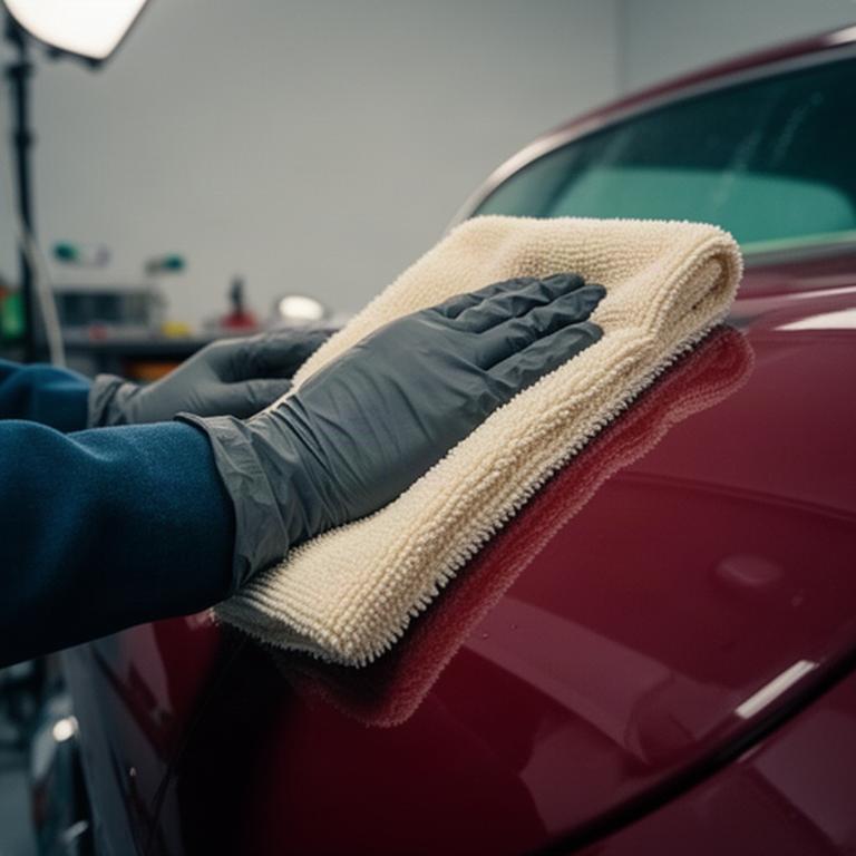 Detailaufnahme eines weichen Mikrofasertuchs bei der schonenden Lackpflege eines klassischen Fahrzeugs