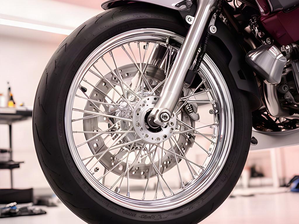 Saubere Motorradfelge und gepflegte Speichen nach einer gründlichen Handwäsche