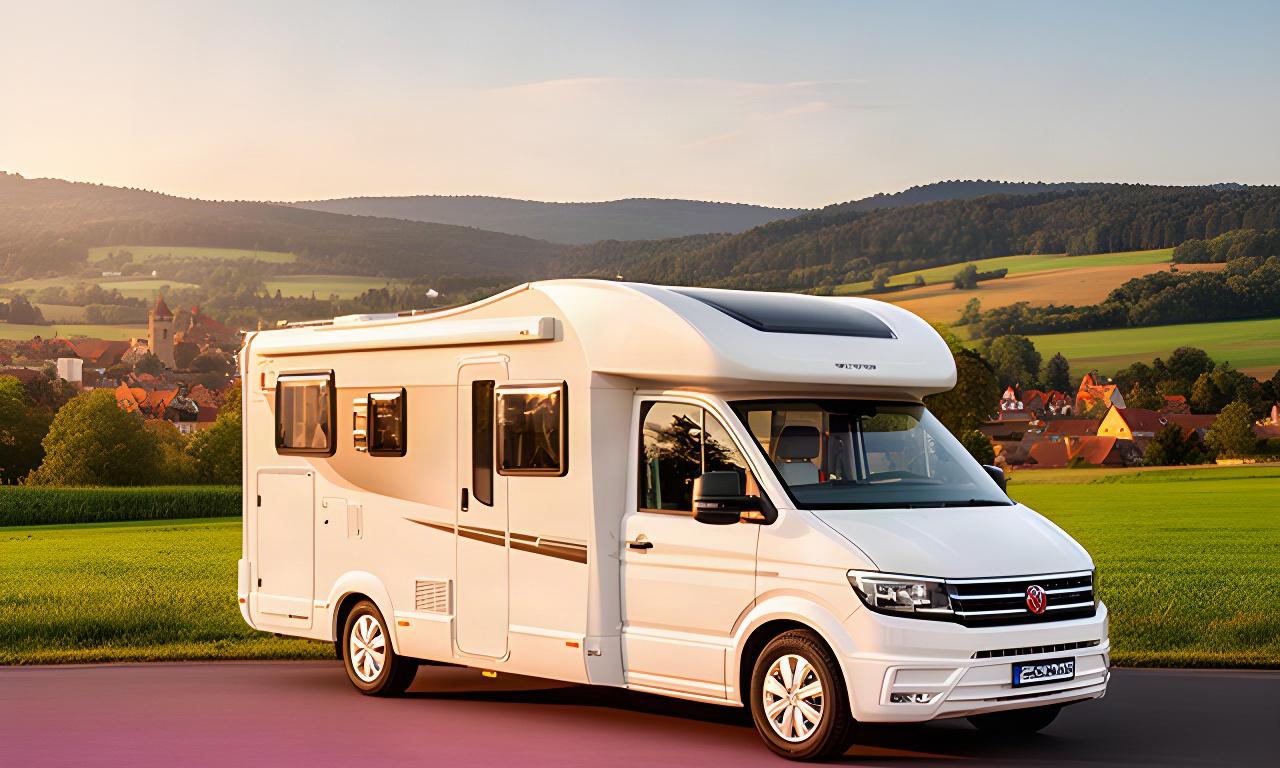 Glänzendes Wohnmobil vor einer Landschaft nahe Rothenburg ob der Tauber